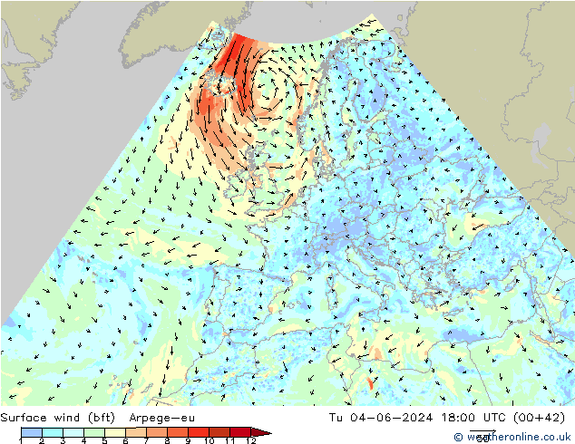 Wind 10 m (bft) Arpege-eu di 04.06.2024 18 UTC