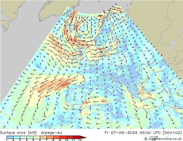 Surface wind (bft) Arpege-eu Pá 07.06.2024 06 UTC