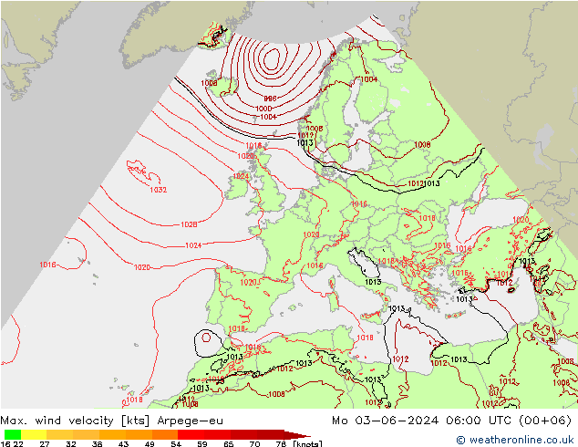 Max. wind velocity Arpege-eu pon. 03.06.2024 06 UTC