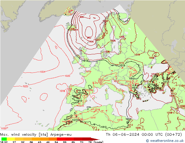 Max. wind velocity Arpege-eu Čt 06.06.2024 00 UTC