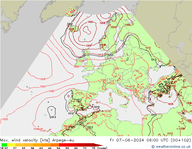 Max. wind velocity Arpege-eu Fr 07.06.2024 06 UTC