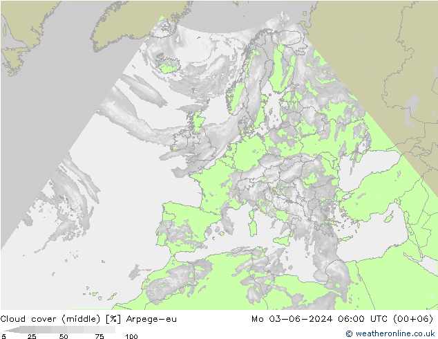 Cloud cover (middle) Arpege-eu Mo 03.06.2024 06 UTC