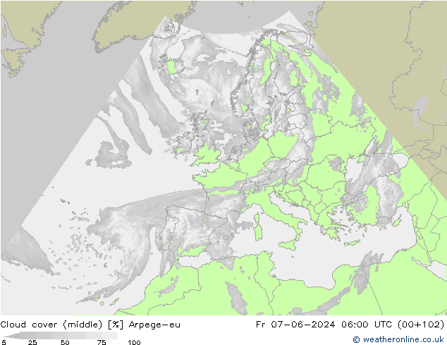 Cloud cover (middle) Arpege-eu Fr 07.06.2024 06 UTC