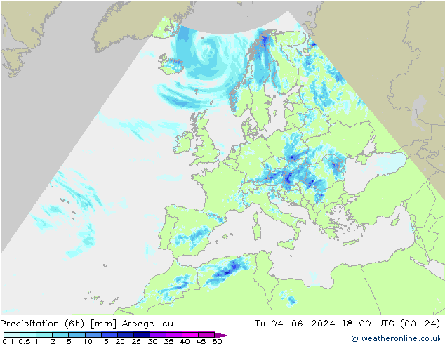 Precipitation (6h) Arpege-eu Tu 04.06.2024 00 UTC