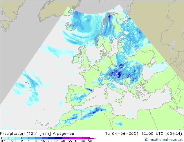 Precipitation (12h) Arpege-eu Tu 04.06.2024 00 UTC