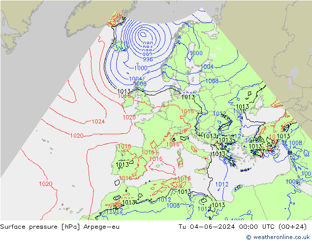 地面气压 Arpege-eu 星期二 04.06.2024 00 UTC
