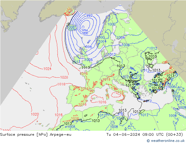 pressão do solo Arpege-eu Ter 04.06.2024 09 UTC