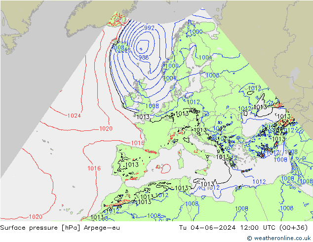 Presión superficial Arpege-eu mar 04.06.2024 12 UTC