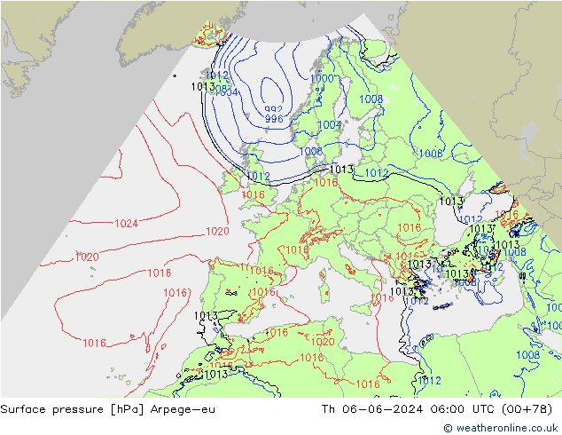 Pressione al suolo Arpege-eu gio 06.06.2024 06 UTC