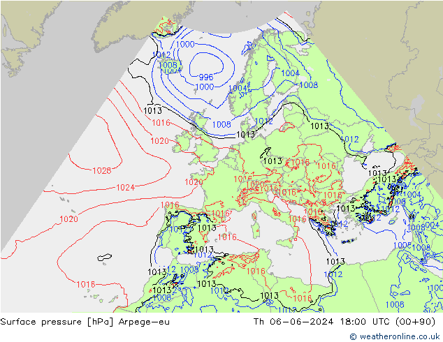 Atmosférický tlak Arpege-eu Čt 06.06.2024 18 UTC