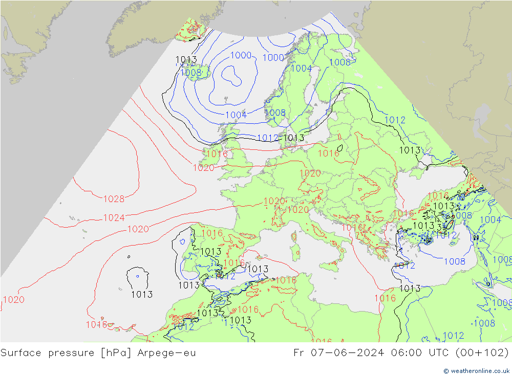 地面气压 Arpege-eu 星期五 07.06.2024 06 UTC