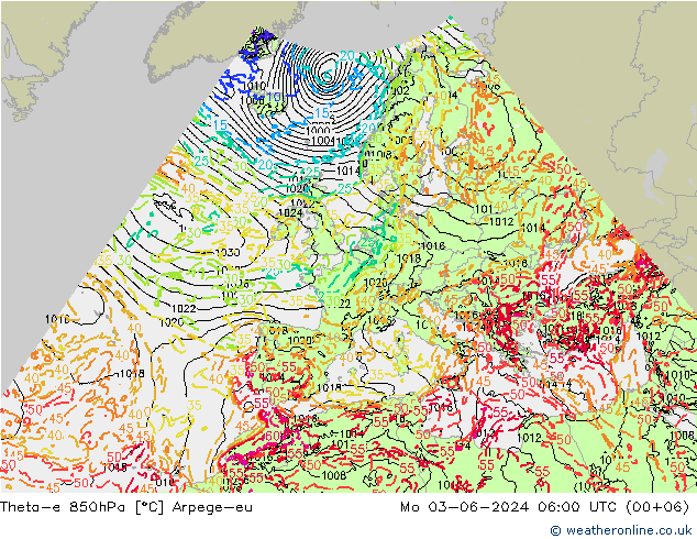 Theta-e 850hPa Arpege-eu Mo 03.06.2024 06 UTC