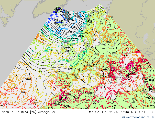 Theta-e 850hPa Arpege-eu  03.06.2024 09 UTC