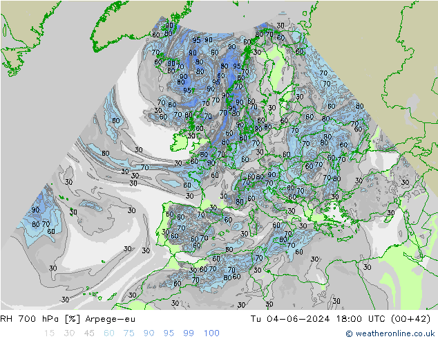 RH 700 hPa Arpege-eu wto. 04.06.2024 18 UTC