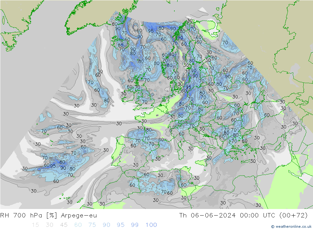 RH 700 hPa Arpege-eu Do 06.06.2024 00 UTC