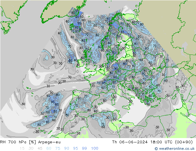 Humidité rel. 700 hPa Arpege-eu jeu 06.06.2024 18 UTC