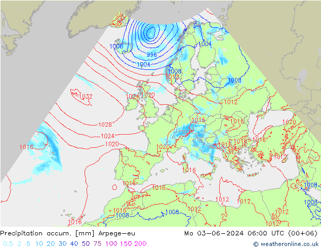 Precipitation accum. Arpege-eu Mo 03.06.2024 06 UTC