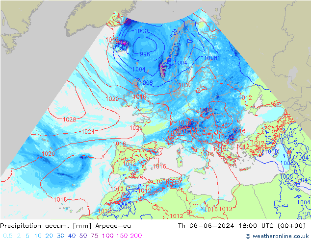 Totale neerslag Arpege-eu do 06.06.2024 18 UTC