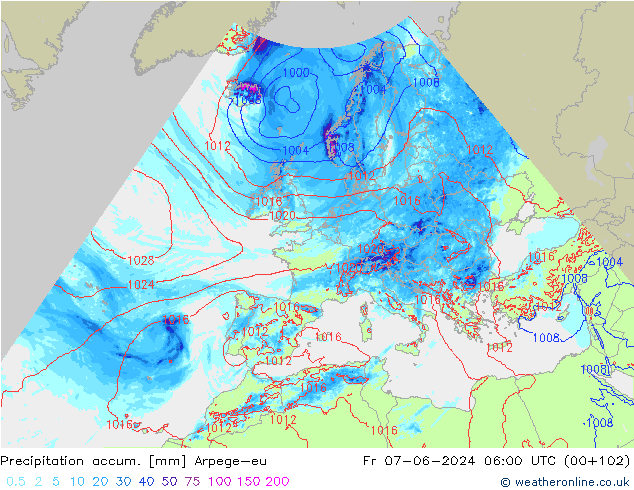 Precipitation accum. Arpege-eu Fr 07.06.2024 06 UTC