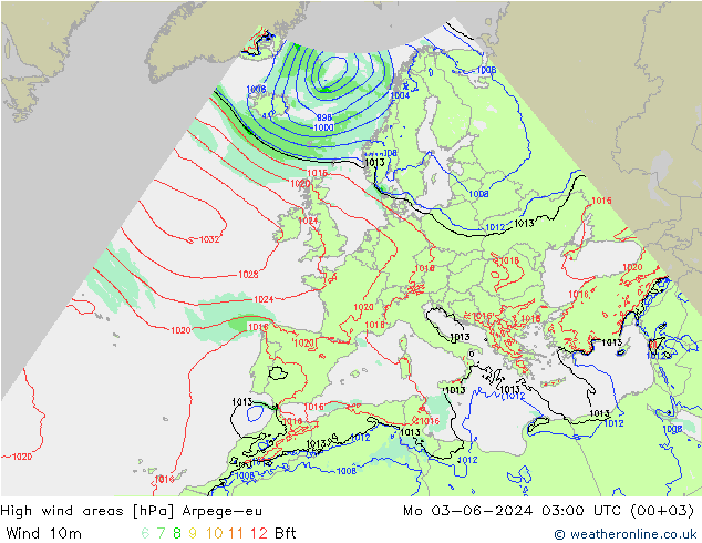 High wind areas Arpege-eu lun 03.06.2024 03 UTC