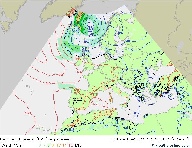 High wind areas Arpege-eu 星期二 04.06.2024 00 UTC