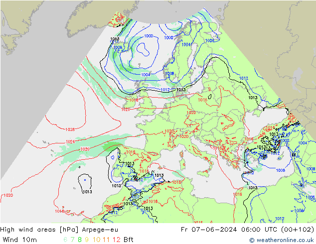 High wind areas Arpege-eu vie 07.06.2024 06 UTC