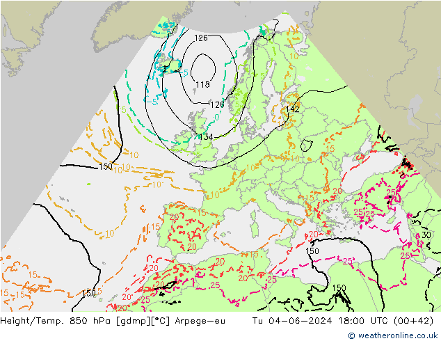 Yükseklik/Sıc. 850 hPa Arpege-eu Sa 04.06.2024 18 UTC