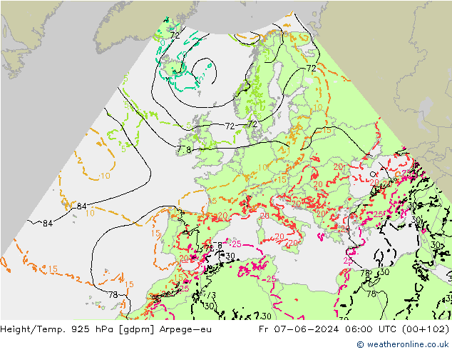 Height/Temp. 925 hPa Arpege-eu 星期五 07.06.2024 06 UTC