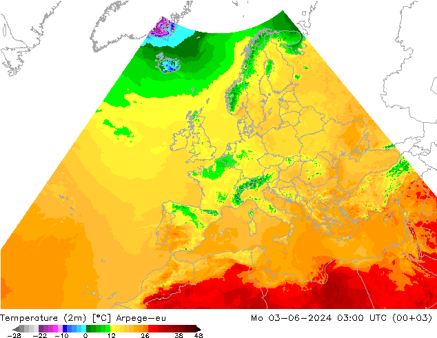 Temperatura (2m) Arpege-eu Seg 03.06.2024 03 UTC