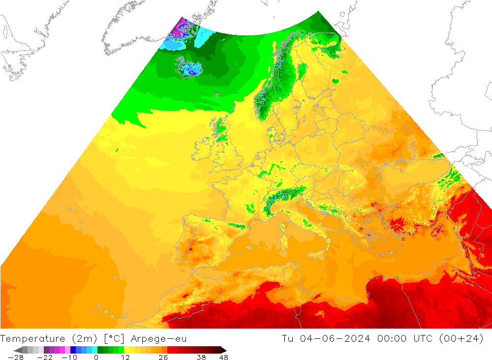 карта температуры Arpege-eu вт 04.06.2024 00 UTC