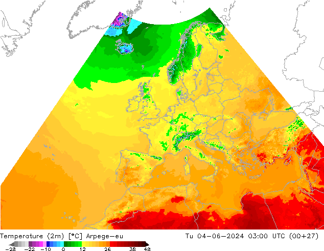 Sıcaklık Haritası (2m) Arpege-eu Sa 04.06.2024 03 UTC