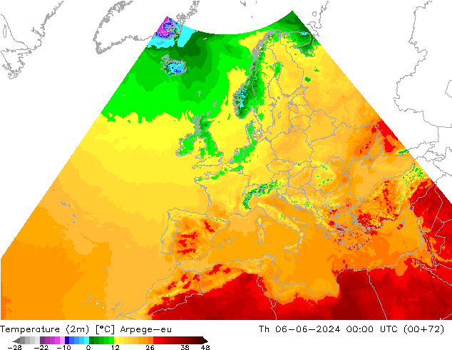 Temperatuurkaart (2m) Arpege-eu do 06.06.2024 00 UTC