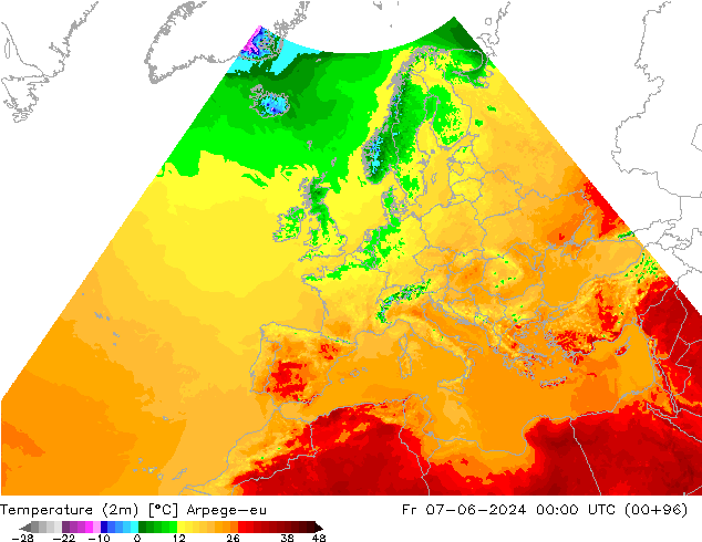 mapa temperatury (2m) Arpege-eu pt. 07.06.2024 00 UTC