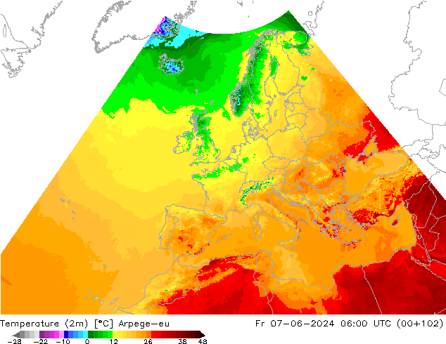Temperatuurkaart (2m) Arpege-eu vr 07.06.2024 06 UTC
