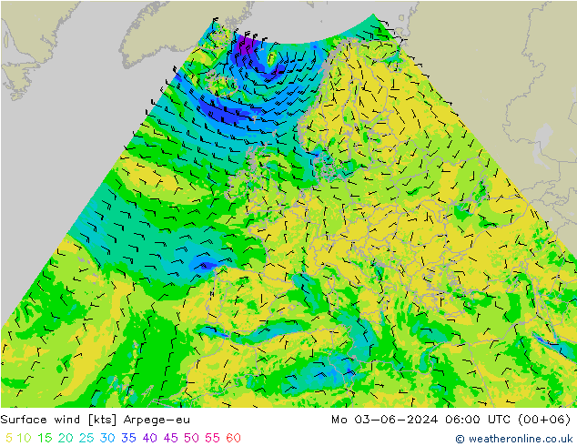 Surface wind Arpege-eu Mo 03.06.2024 06 UTC