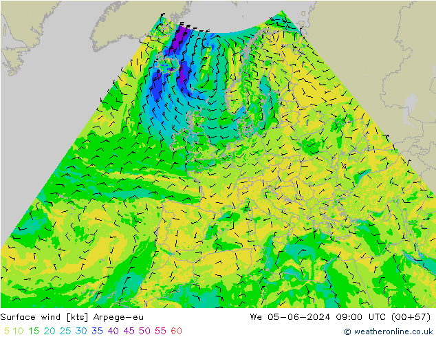 Vento 10 m Arpege-eu Qua 05.06.2024 09 UTC