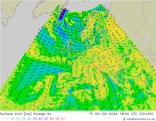 Surface wind Arpege-eu Th 06.06.2024 18 UTC