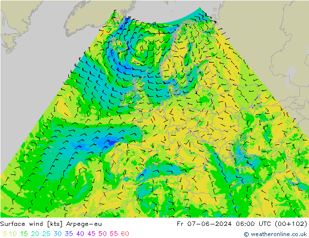 Surface wind Arpege-eu Pá 07.06.2024 06 UTC