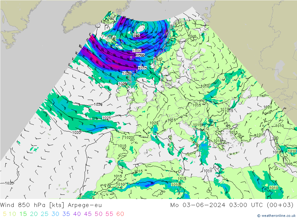 Wind 850 hPa Arpege-eu Mo 03.06.2024 03 UTC