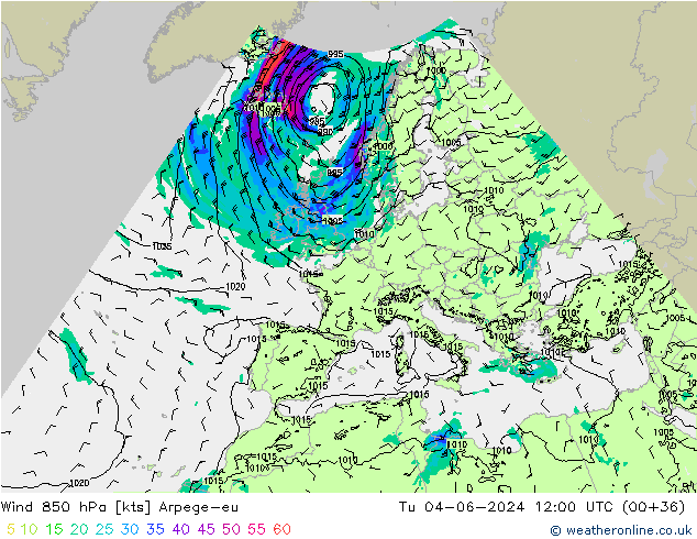 Vento 850 hPa Arpege-eu Ter 04.06.2024 12 UTC