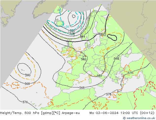 Height/Temp. 500 hPa Arpege-eu Mo 03.06.2024 12 UTC