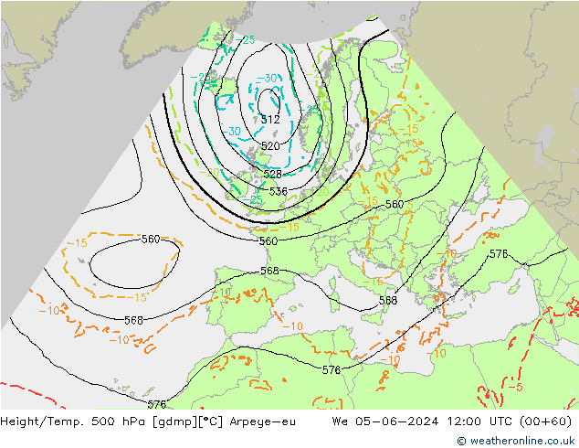 Height/Temp. 500 hPa Arpege-eu  05.06.2024 12 UTC