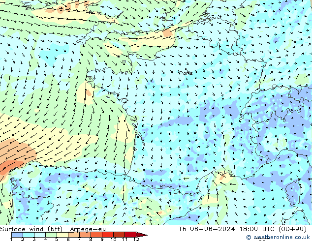 Vento 10 m (bft) Arpege-eu gio 06.06.2024 18 UTC