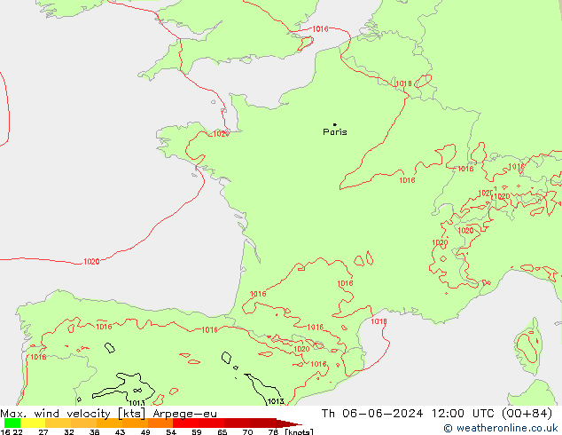 Max. wind velocity Arpege-eu Th 06.06.2024 12 UTC