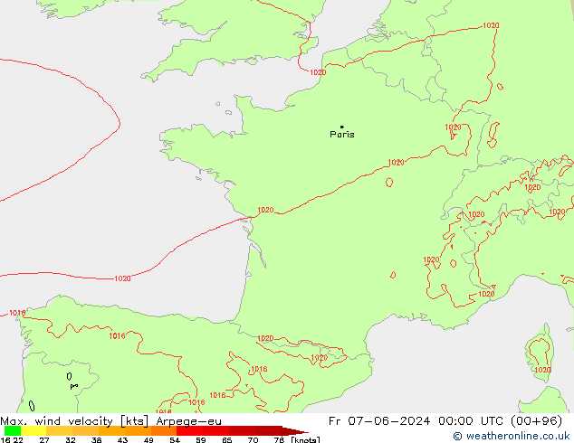 Max. wind velocity Arpege-eu  07.06.2024 00 UTC