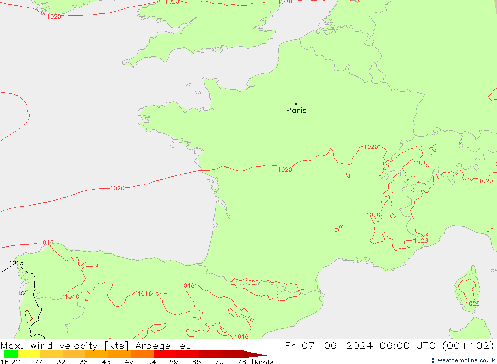 Max. wind velocity Arpege-eu vie 07.06.2024 06 UTC