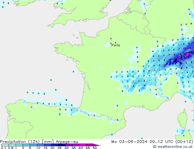 Precipitation (12h) Arpege-eu Po 03.06.2024 12 UTC