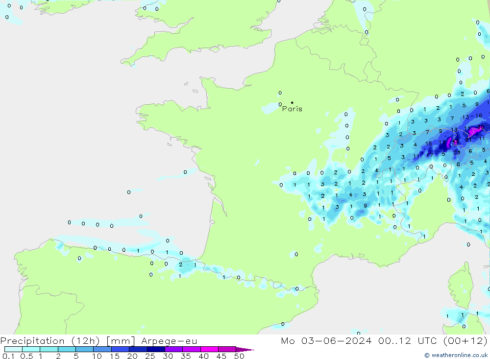 Yağış (12h) Arpege-eu Pzt 03.06.2024 12 UTC