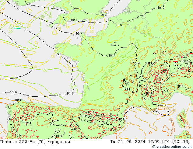 Theta-e 850гПа Arpege-eu вт 04.06.2024 12 UTC