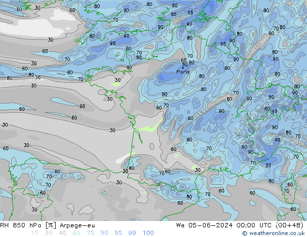 Humidité rel. 850 hPa Arpege-eu mer 05.06.2024 00 UTC